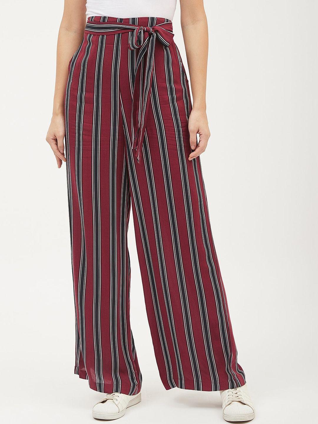 harpa women maroon & black smart regular fit striped peg trousers