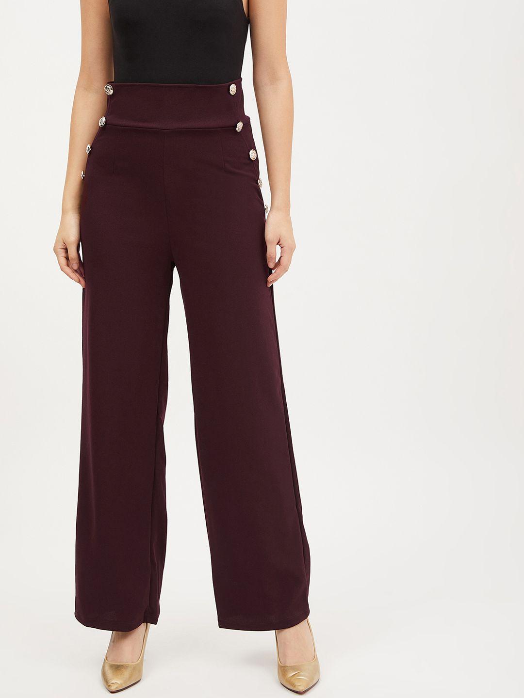 harpa women maroon smart regular fit solid parallel trousers