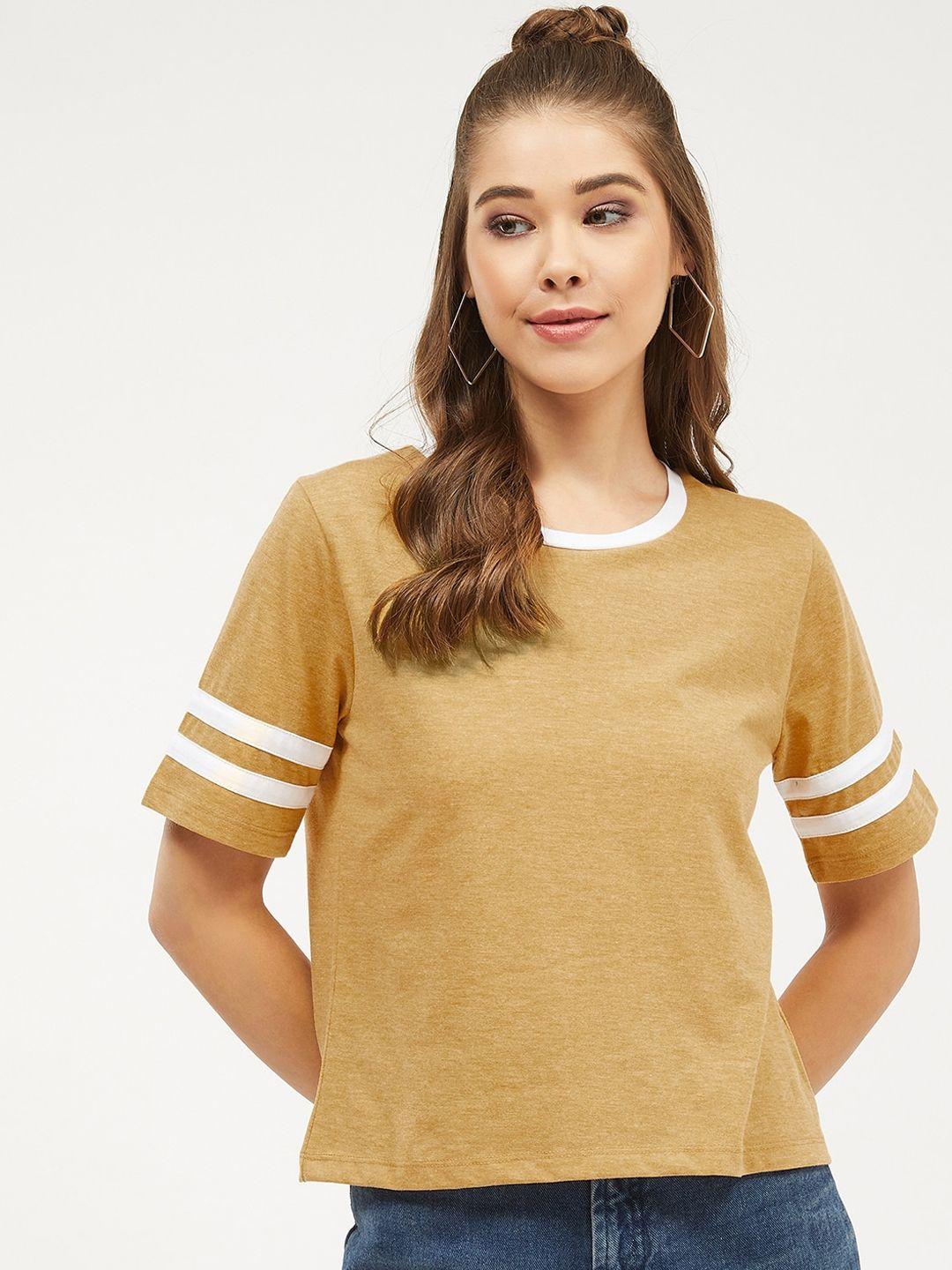 harpa women mustard yellow & white colourblocked crop t-shirt