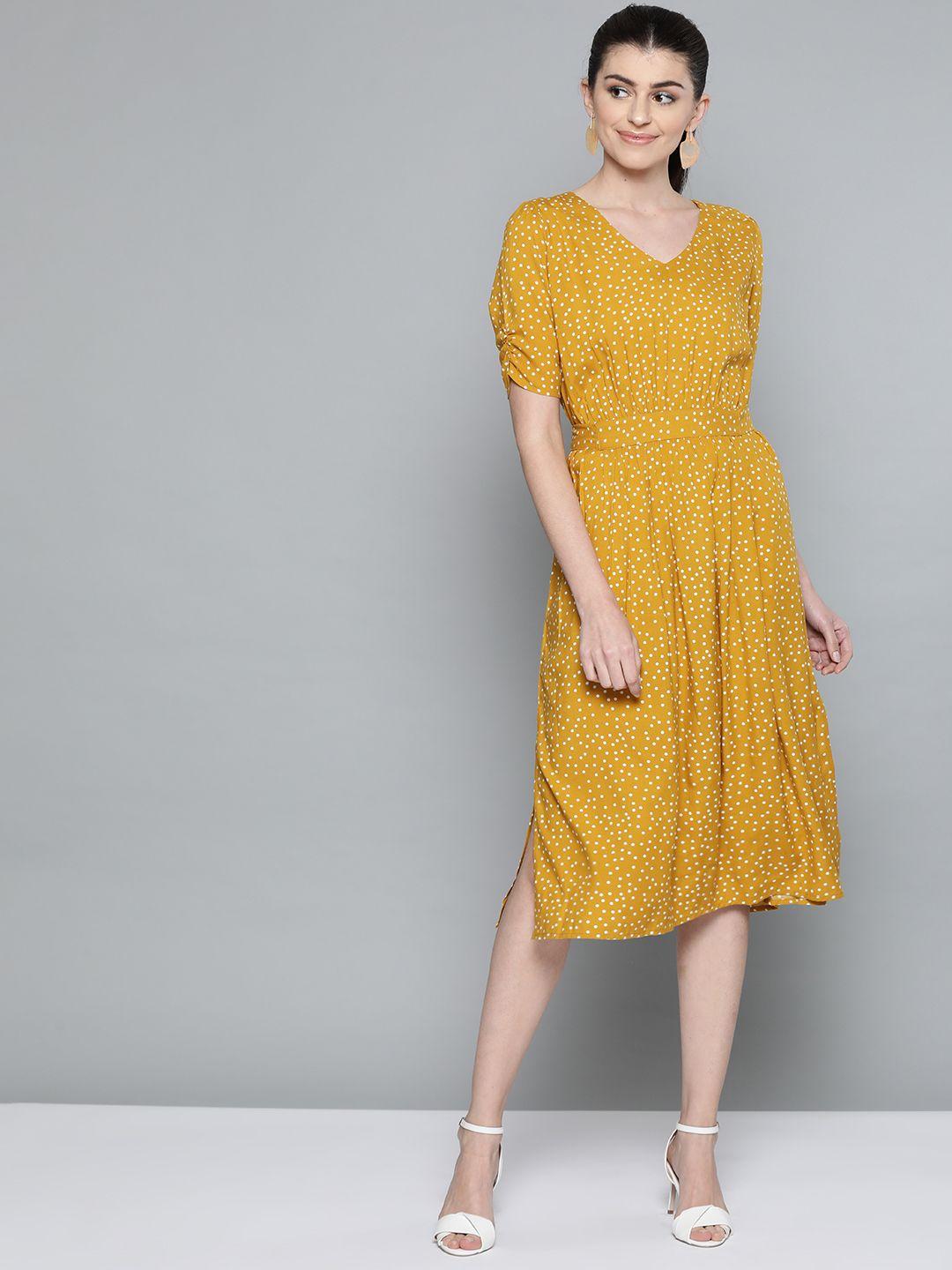 harpa women mustard yellow & white printed a-line dress