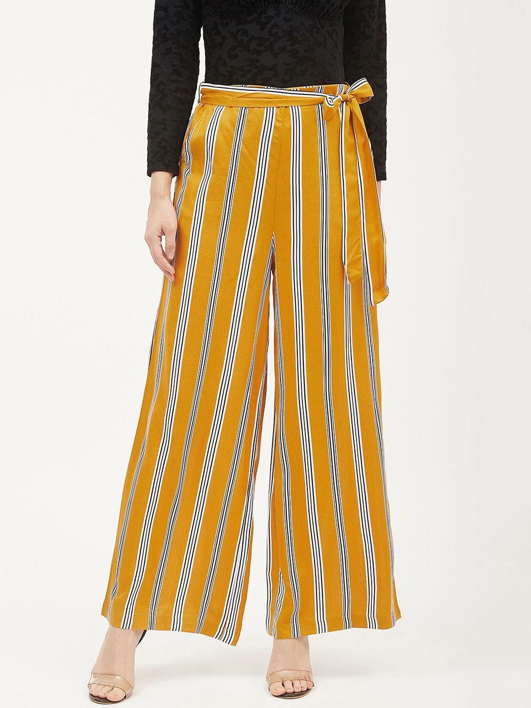 harpa women mustard yellow & white smart regular fit striped regular trousers
