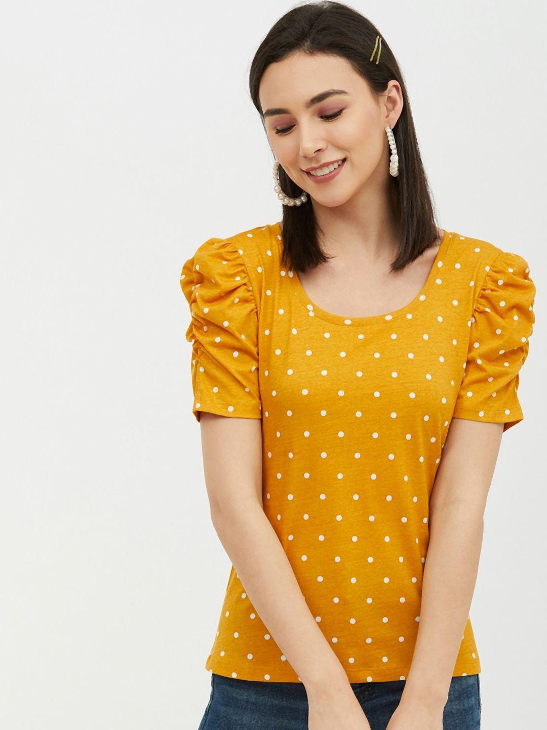 harpa women mustard yellow  white polka dot printed round neck cotton pure cotton t-shirt