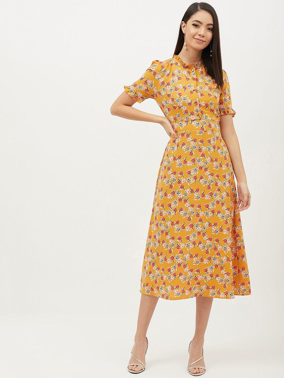 harpa women mustard yellow printed fit and flare dress