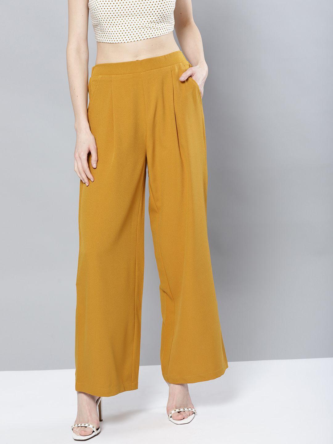 harpa women mustard yellow regular fit solid parallel trousers