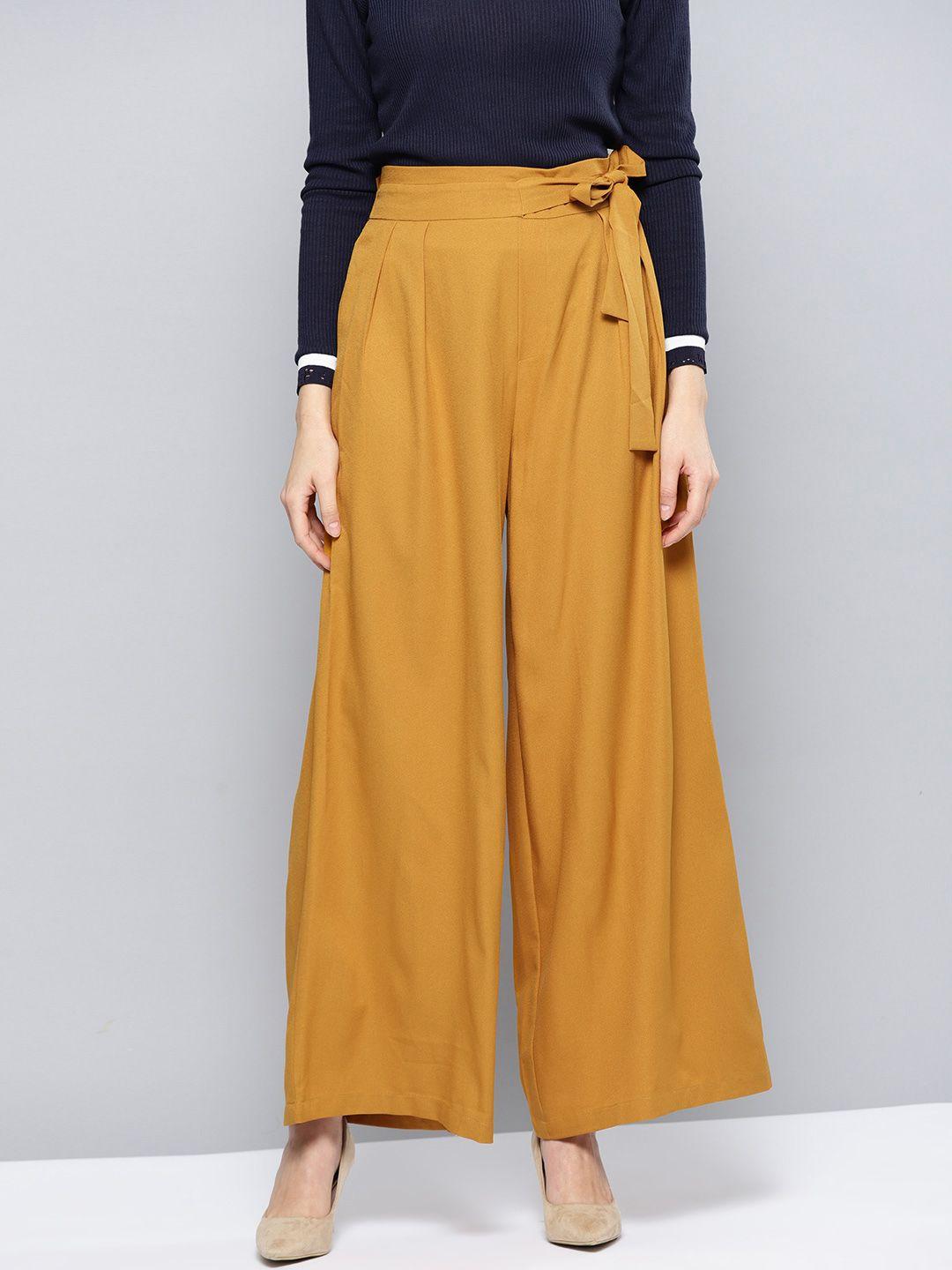 harpa women mustard yellow regular fit solid parallel trousers