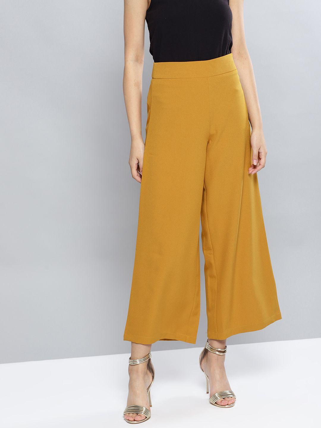 harpa women mustard yellow regular fit solid trousers