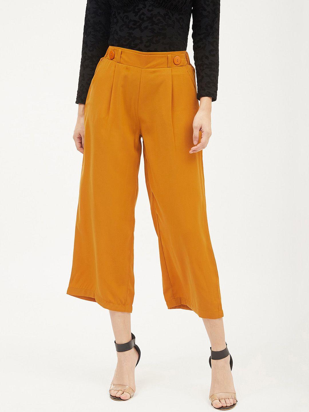 harpa women mustard yellow smart regular fit solid parallel trousers