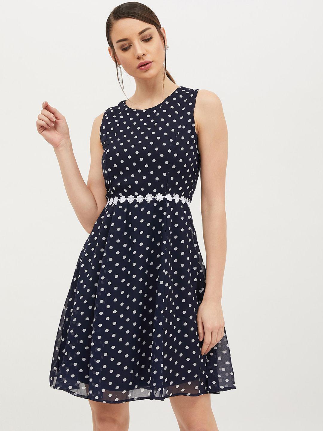harpa women navy blue & white polka dots printed fit and flare dress