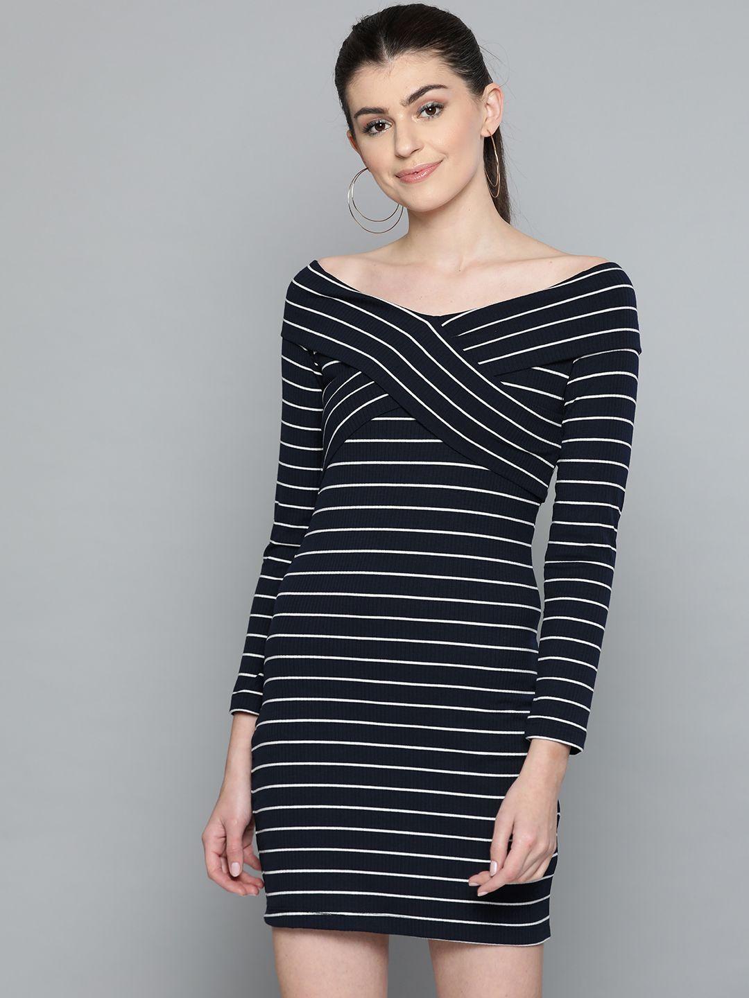 harpa women navy blue & white striped sheath layered dress