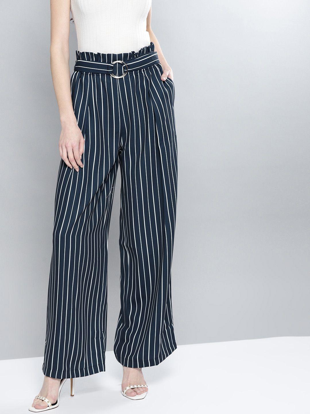 harpa women navy blue regular fit striped trousers