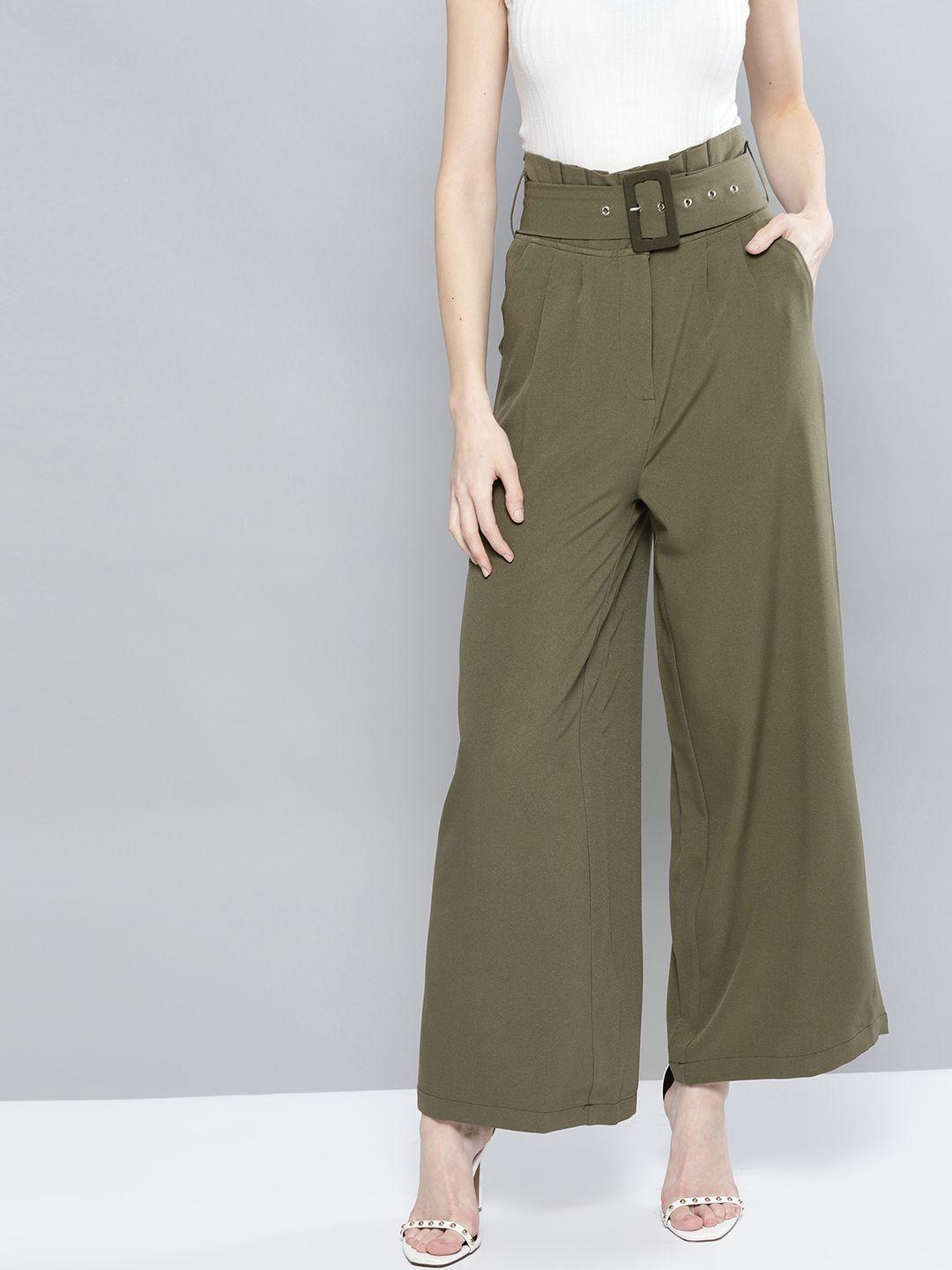 harpa women olive green regular fit solid trousers