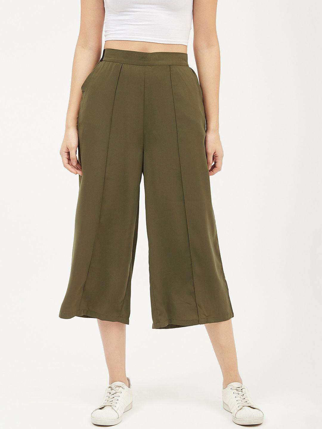 harpa women olive green smart regular fit solid regular trousers