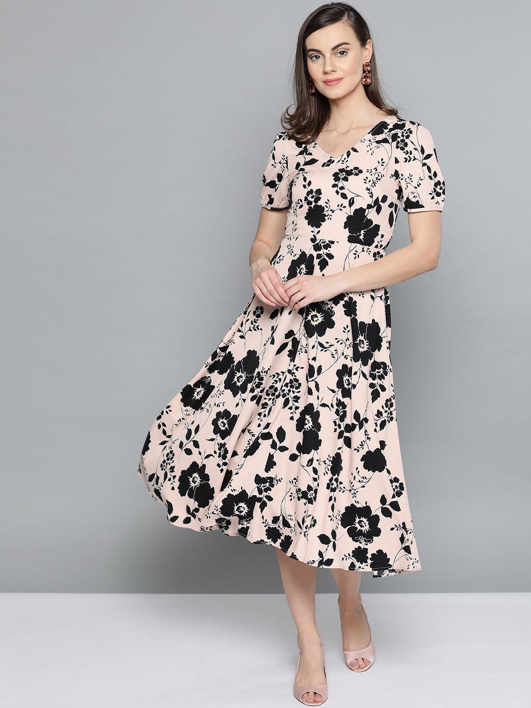 harpa women peach-coloured & black printed a-line dress