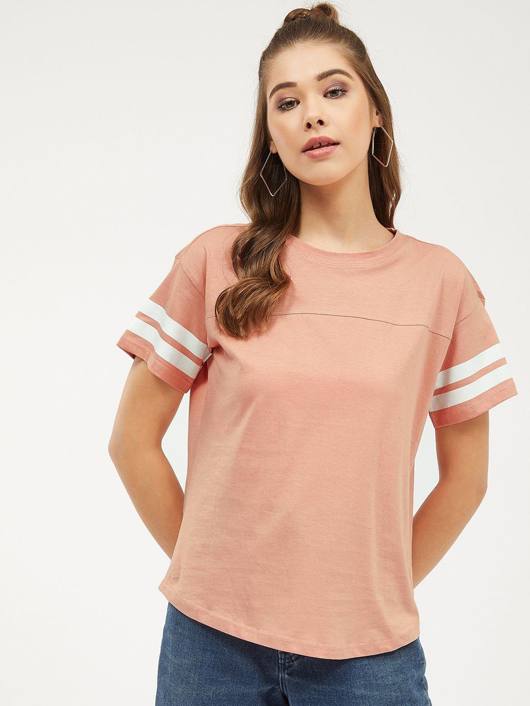 harpa women peach-coloured  white striped round neck pure cotton t-shirt