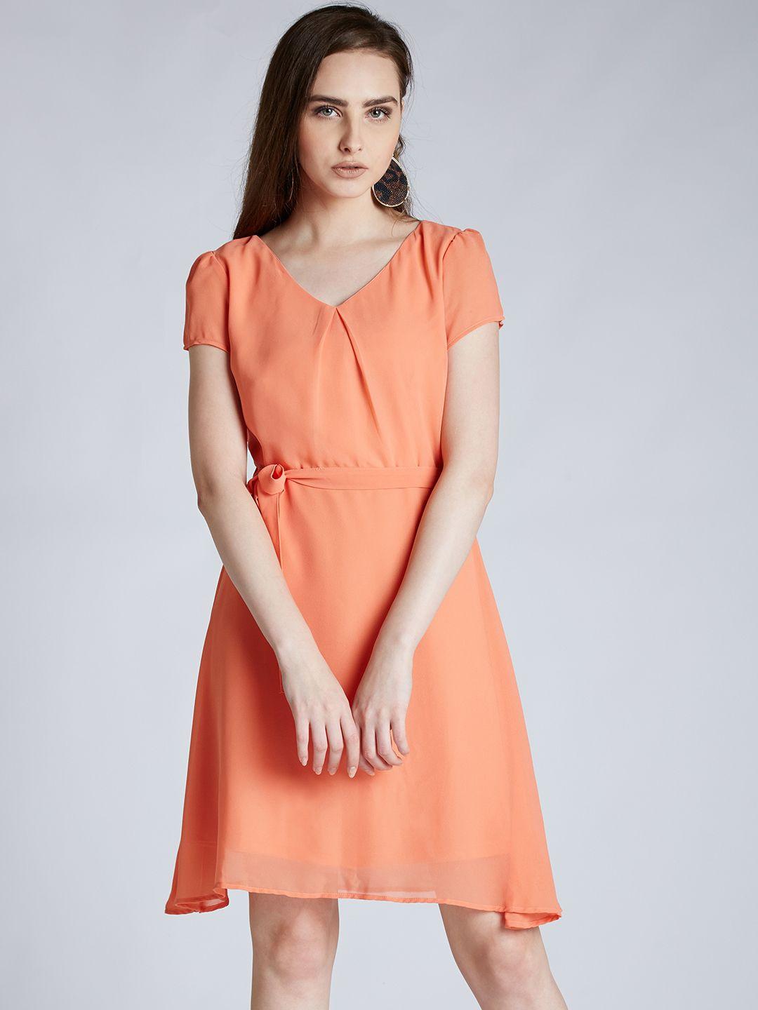 harpa women peach-coloured solid fit and flare dress