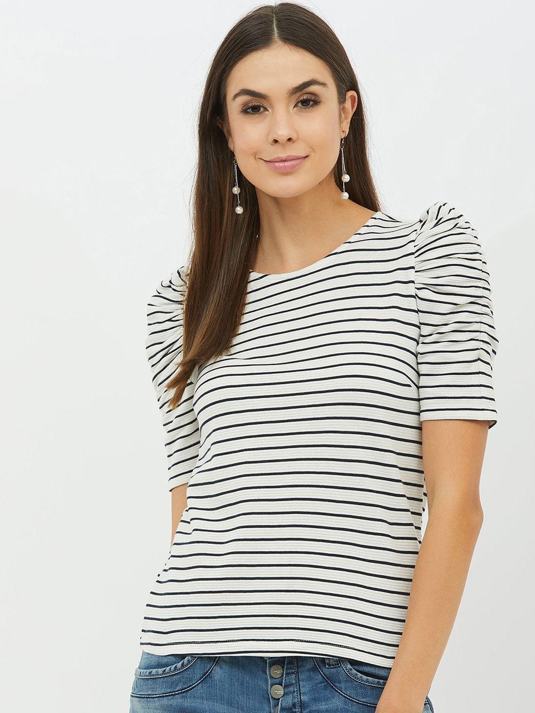 harpa women white & navy blue striped round neck t-shirt