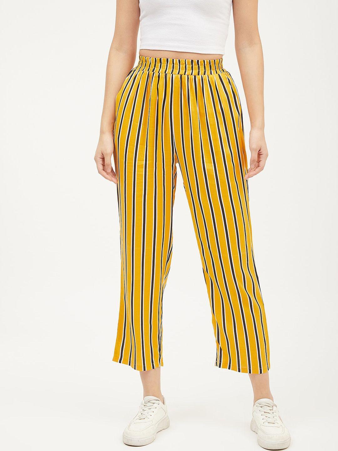 harpa women yellow & white smart regular fit striped regular trousers