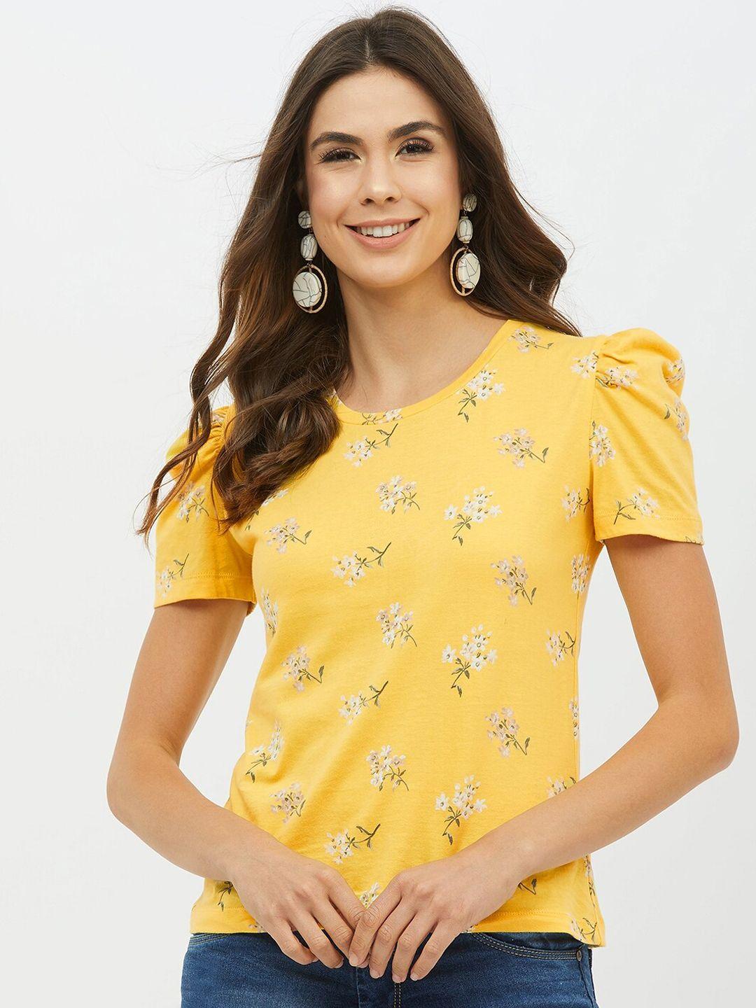 harpa women yellow floral printed cotton round neck t-shirt