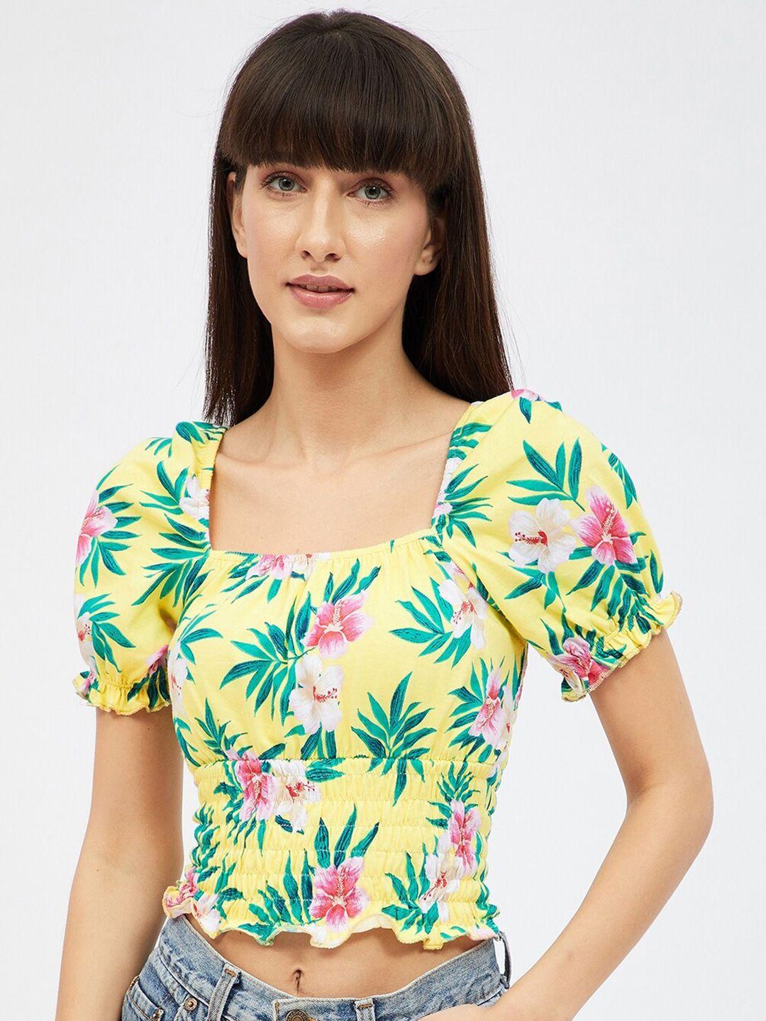 harpa yellow & green tropical printed fitted smocked crop top