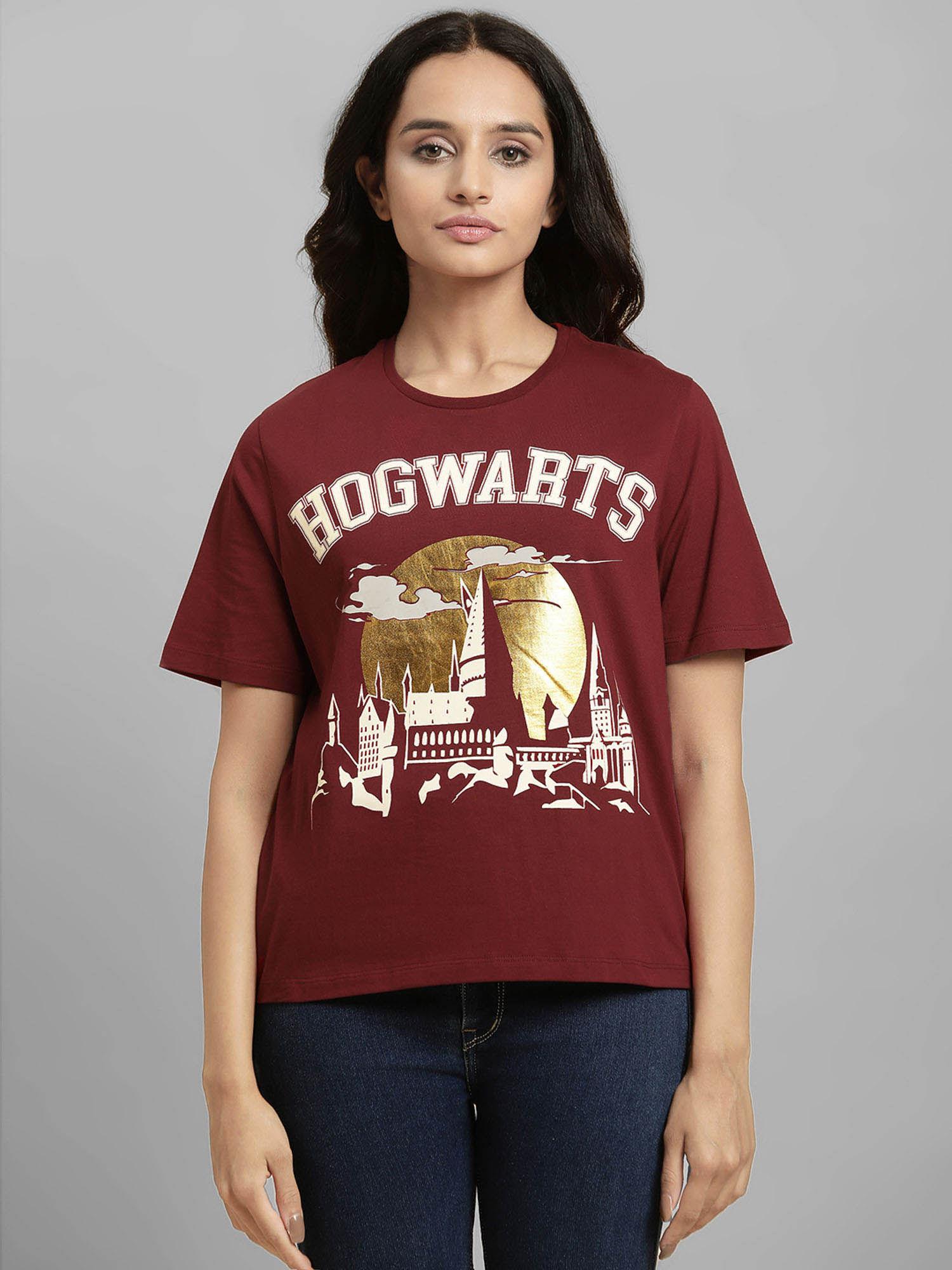 harry potter graphic printed maroon t-shirt for women