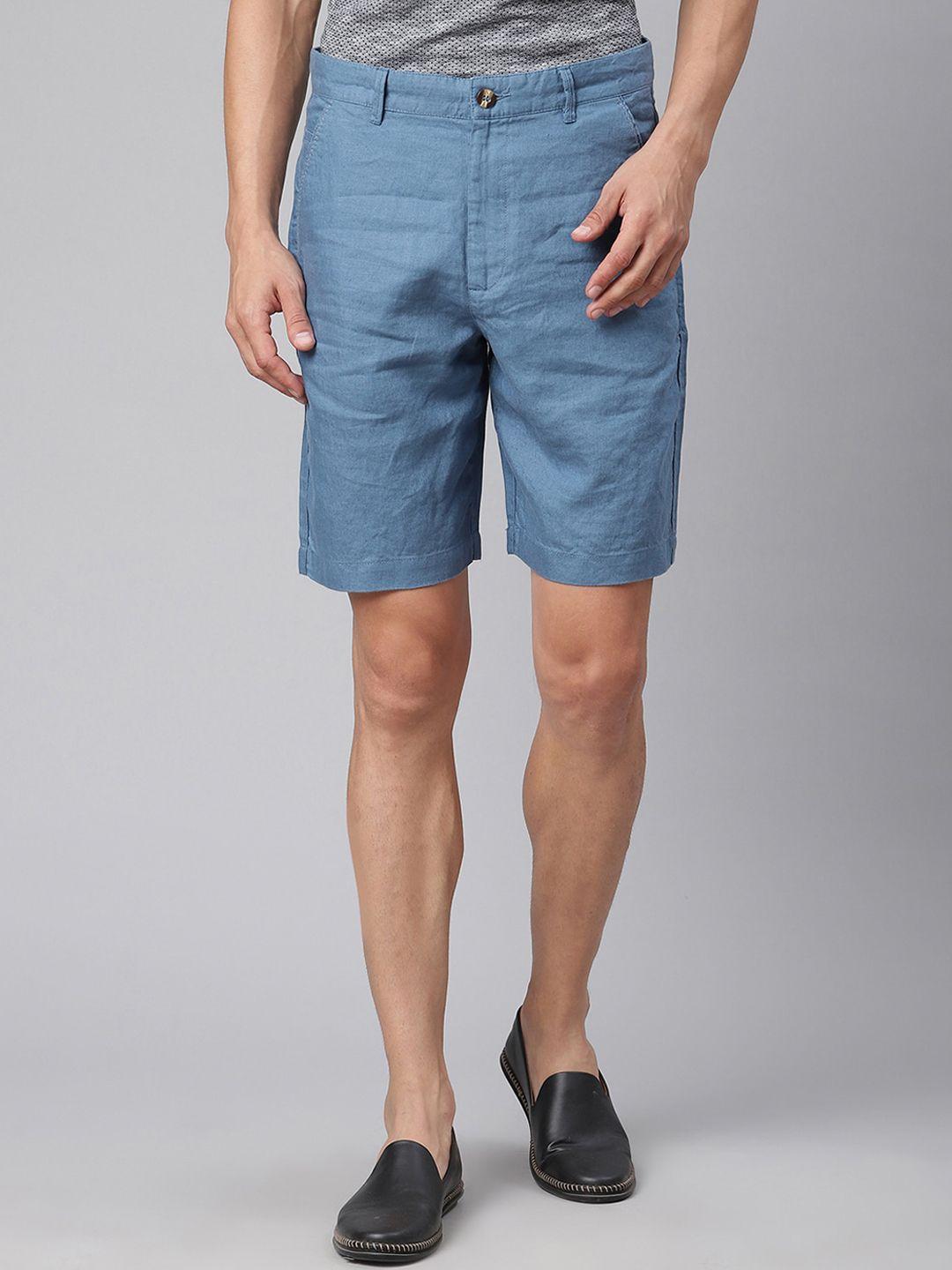 harsam men blue linen regular shorts