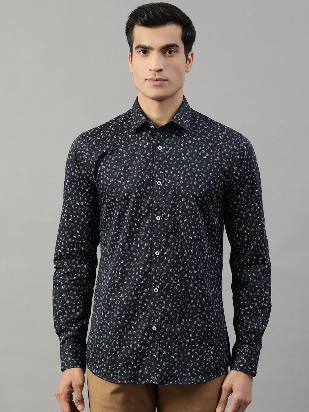 harsam men black & blue slim fit printed casual shirt