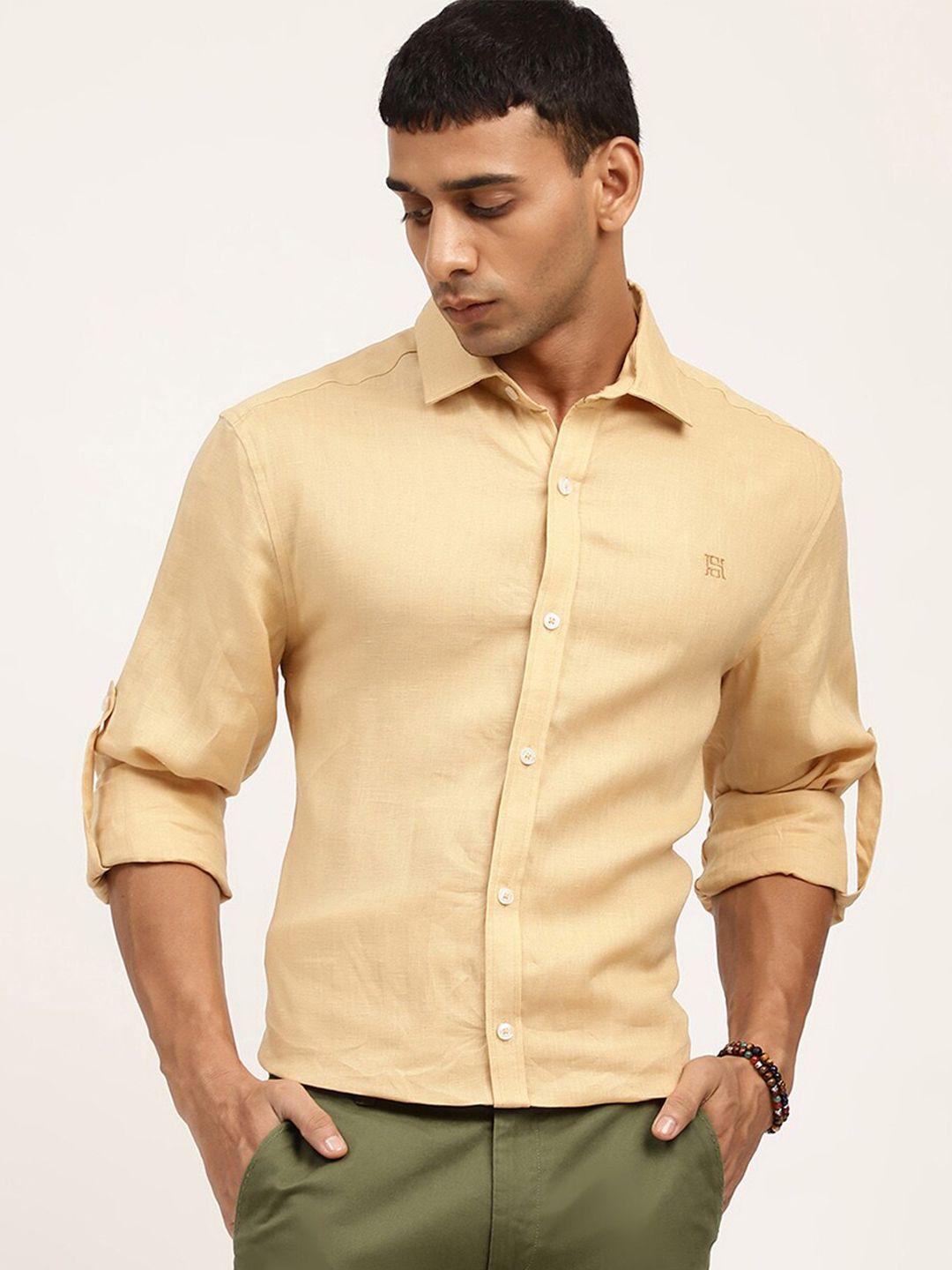 harsam men khaki solid pure linen casual shirt