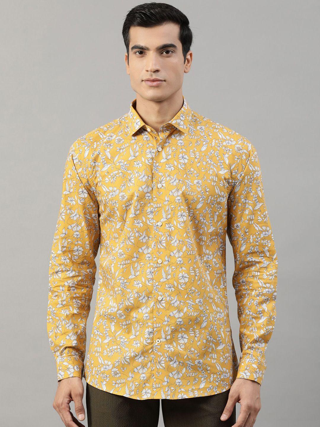 harsam men mustard yellow & off-white slim fit printed casual shirt