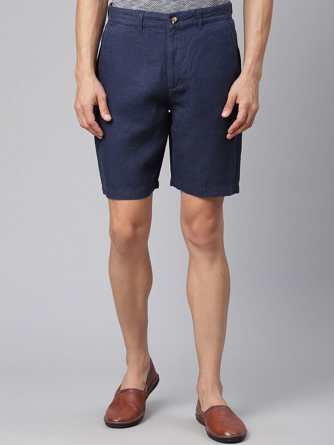 harsam men navy blue linen regular shorts