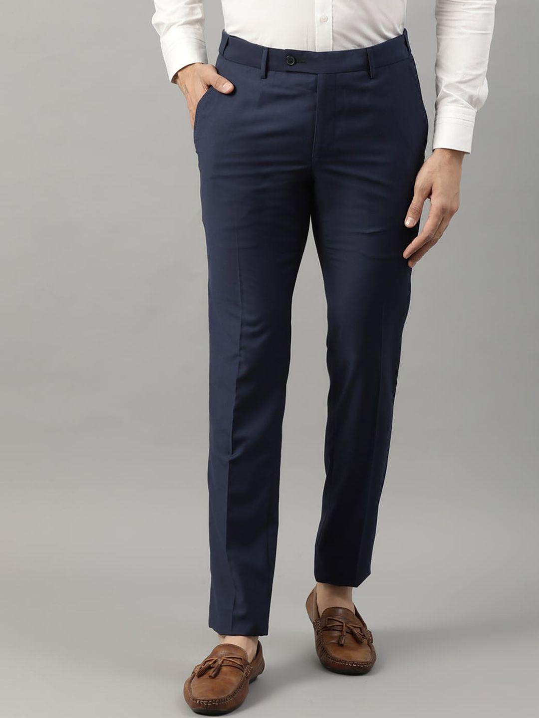 harsam men navy blue regular fit solid formal trousers