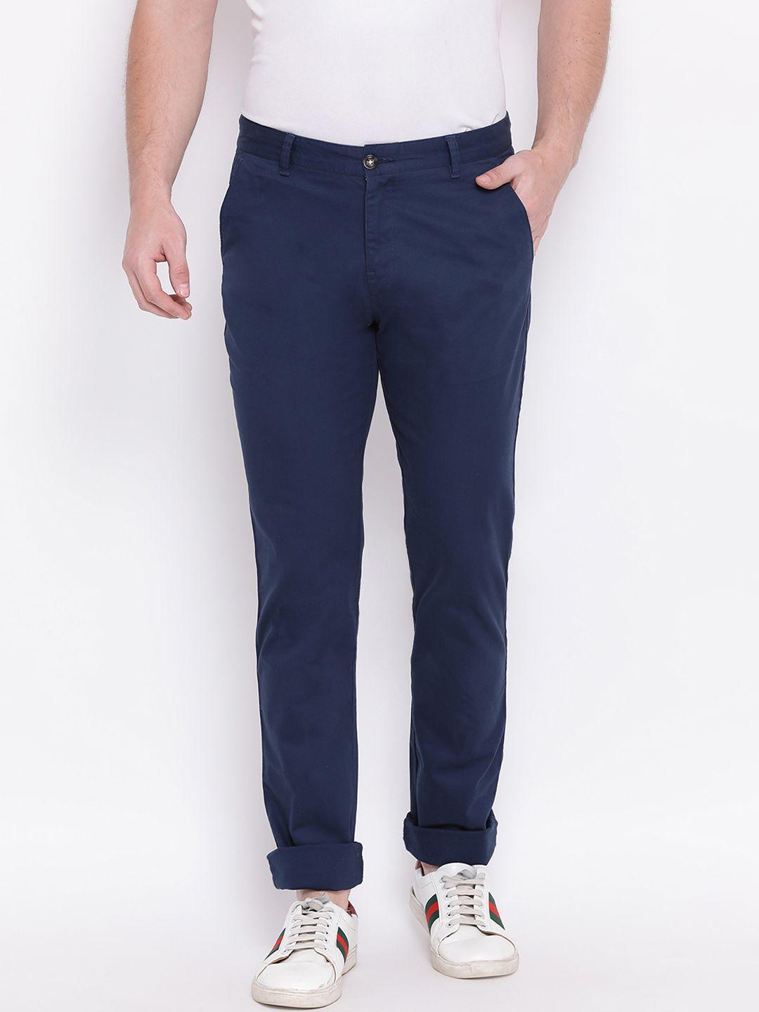 harsam men navy blue slim fit solid regular trousers