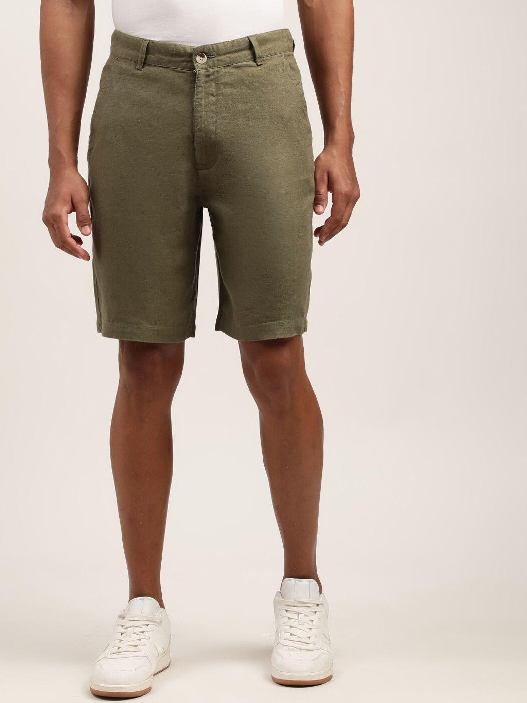 harsam men olive green pure linen shorts