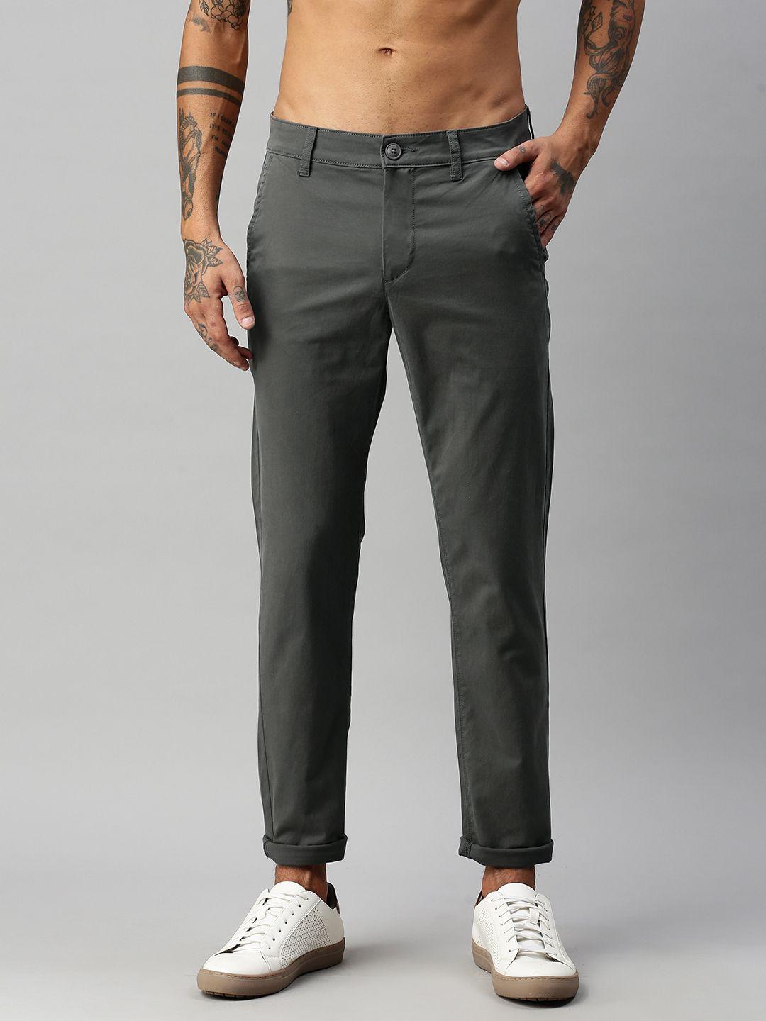 harvard men grey solid mid-rise regular fit trousers