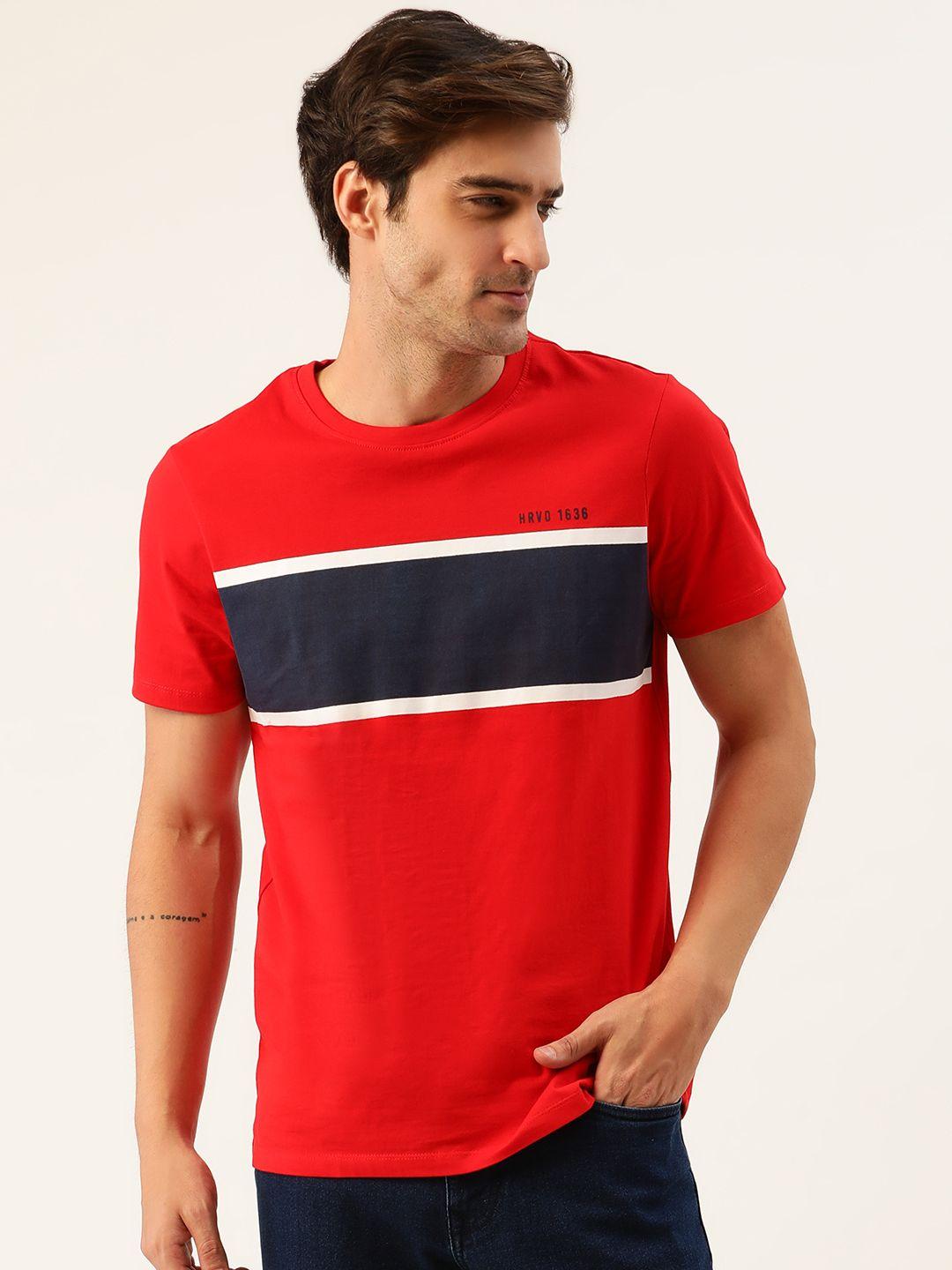 harvard men red  navy pure cotton colourblocked round neck pure cotton t-shirt