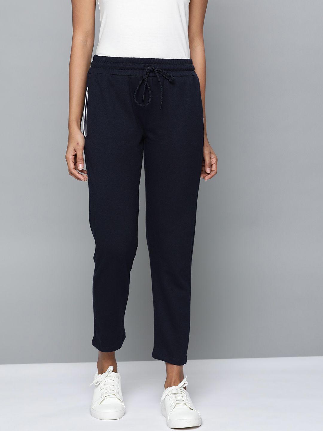 harvard women navy blue straight fit cropped track pants