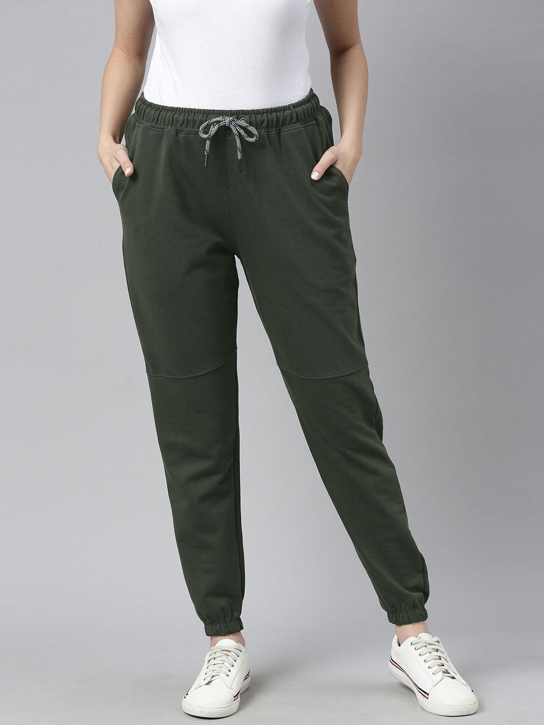 harvard women olive green solid pure cotton joggers