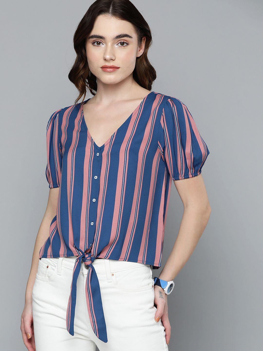 harvard blue & pink v-neck striped top