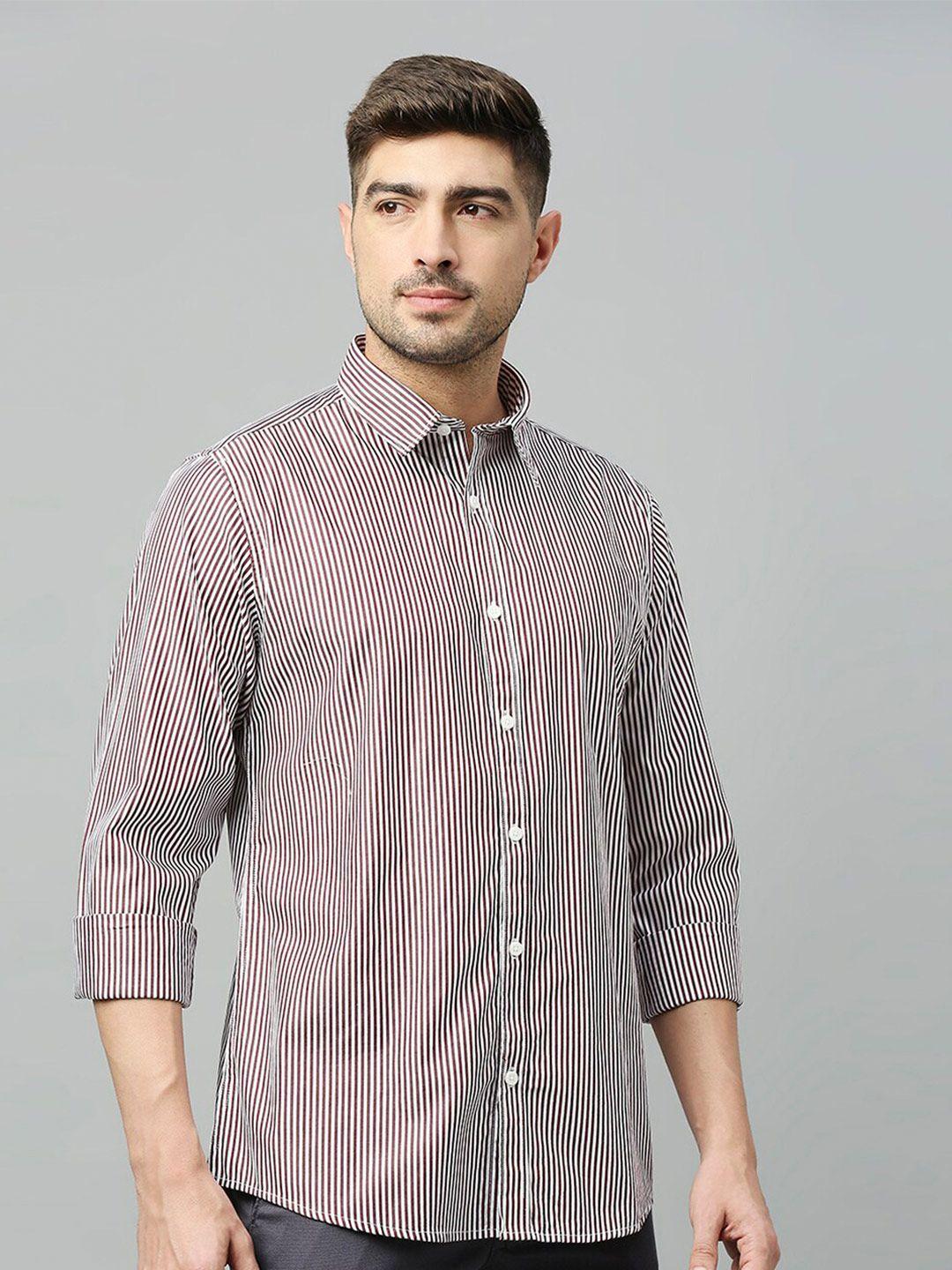 harvard brown & white classic slim fit vertical striped casual pure cotton shirt