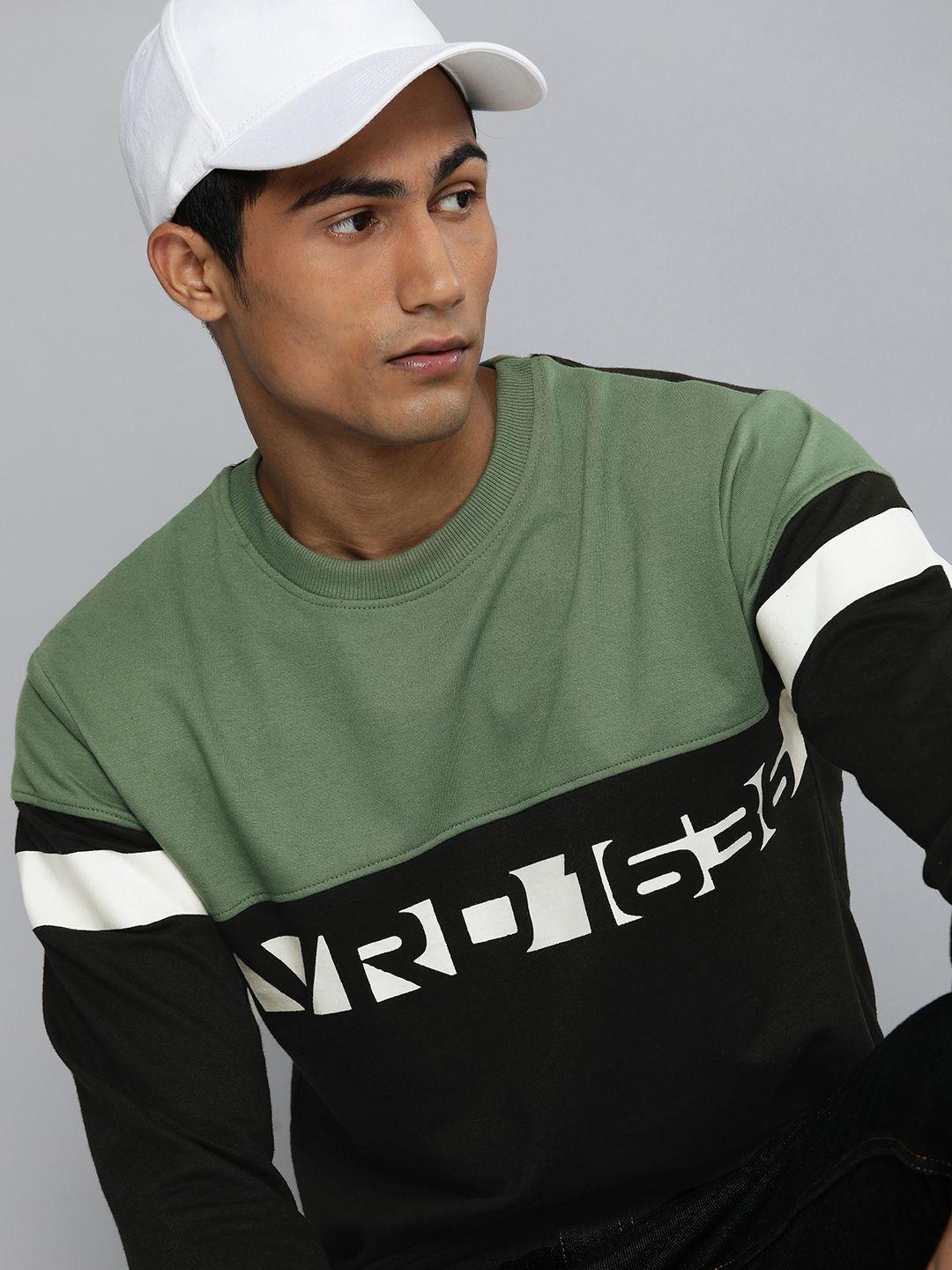 harvard men black & olive green round neck colourblocked sweatshirt with logo detail