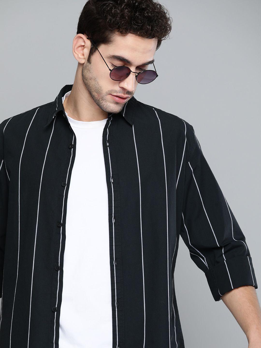 harvard men black & white regular fit pure cotton striped sustainable casual shirt