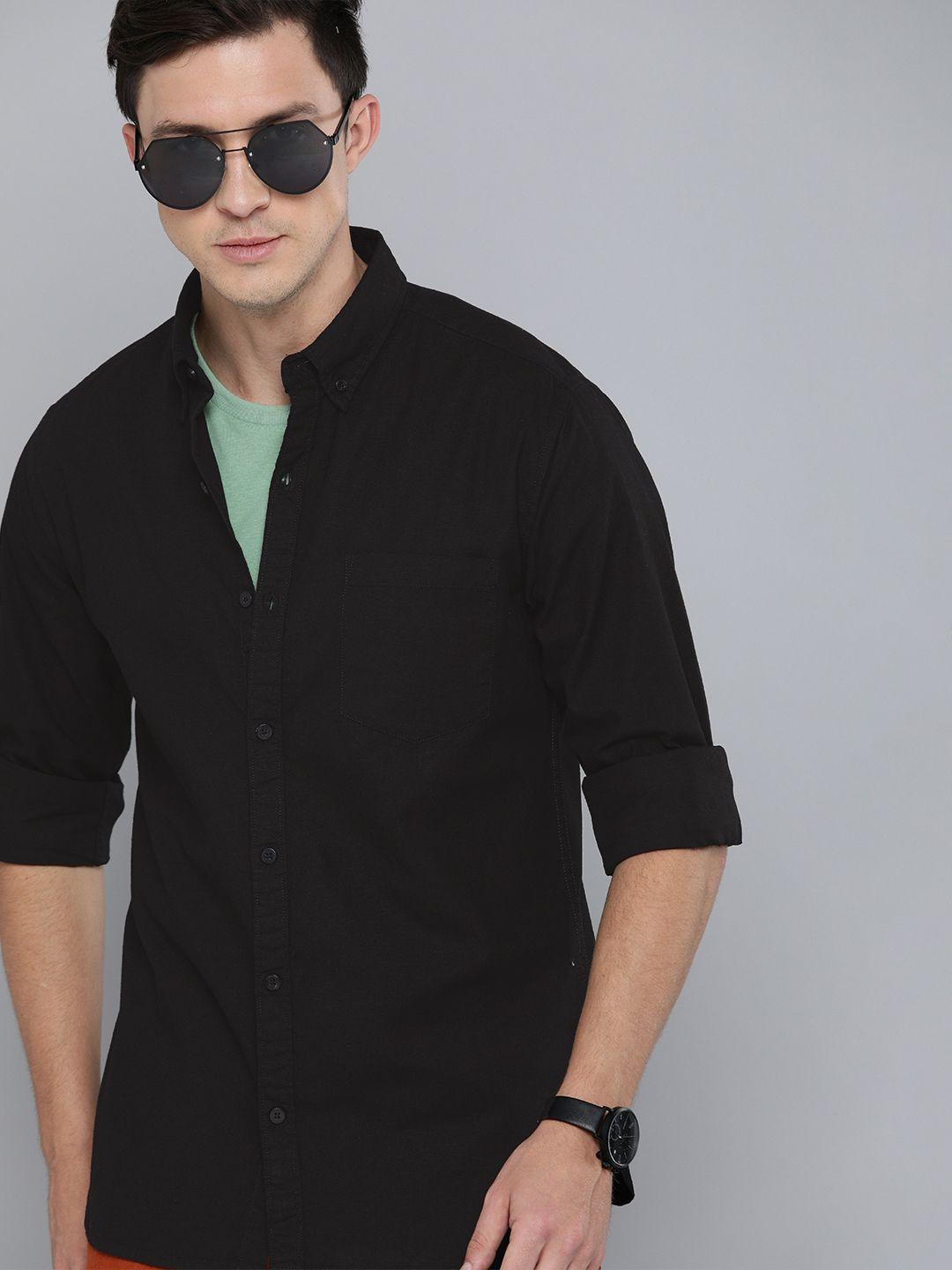 harvard men black regular fit solid casual shirt