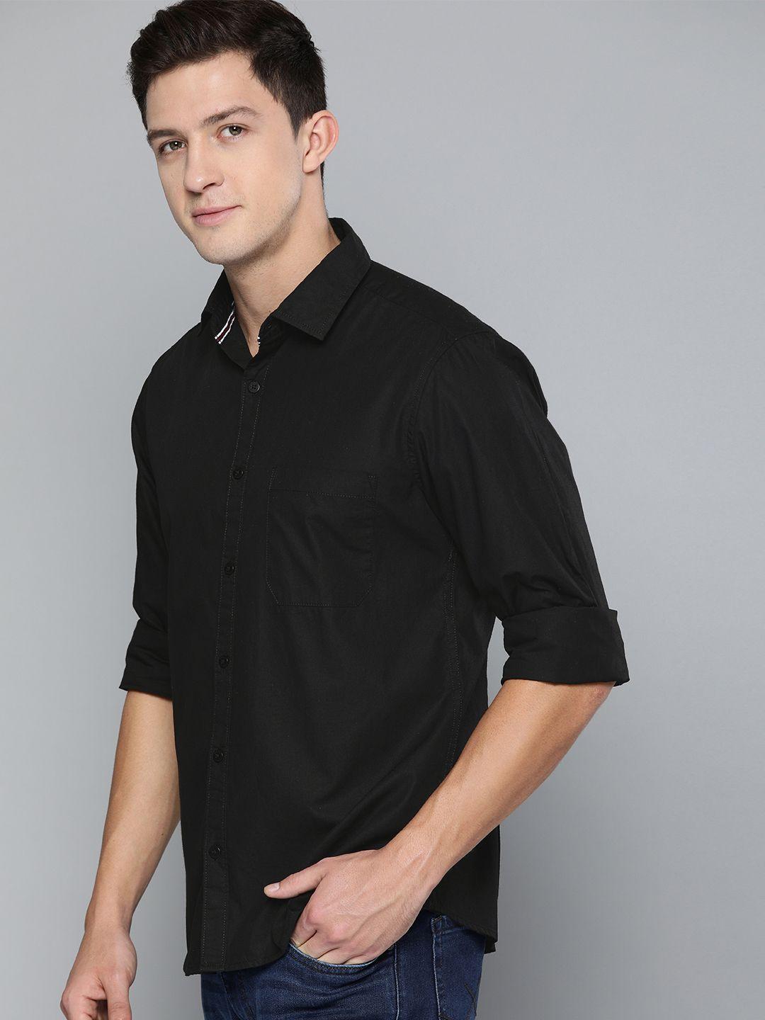 harvard men black regular fit solid sustainable casual shirt