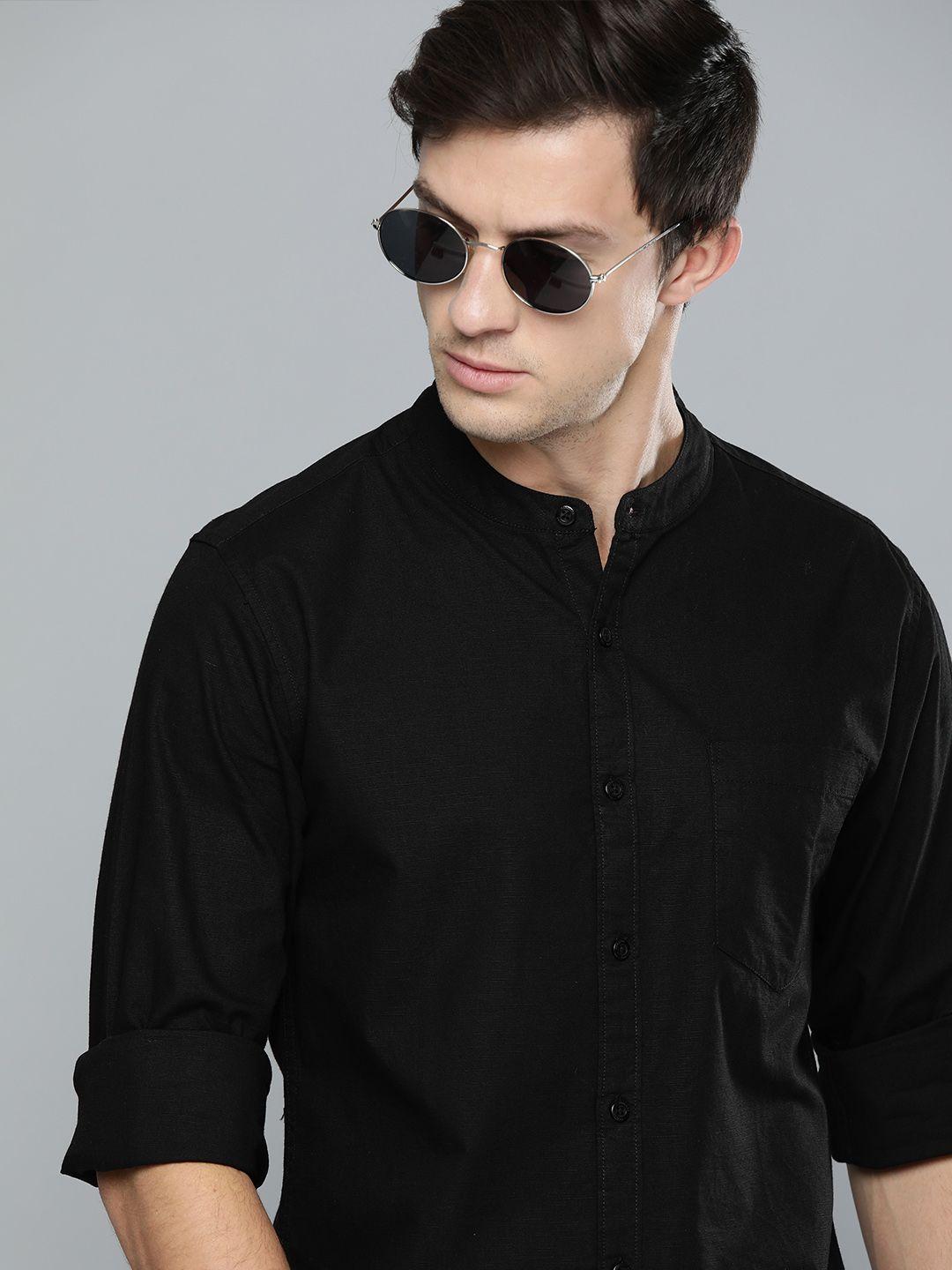 harvard men black regular fit solid sustainable casual shirt