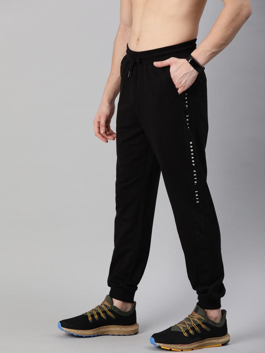 harvard men black straight fit solid joggers with printed detail