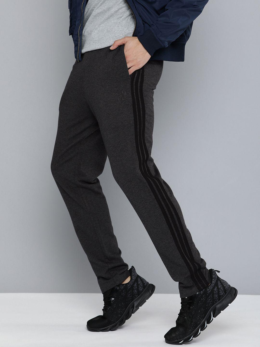 harvard men charcoal grey solid regular fit mid-rise regular track pants with side stripes