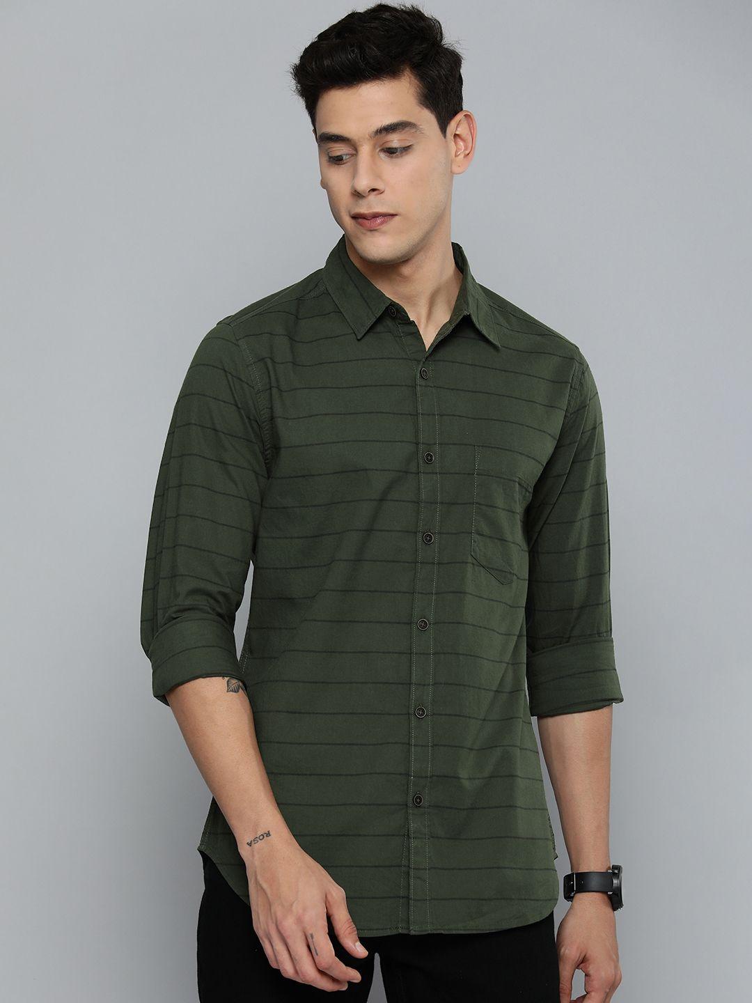 harvard men green & black horizontal stripes striped casual pure cotton shirt