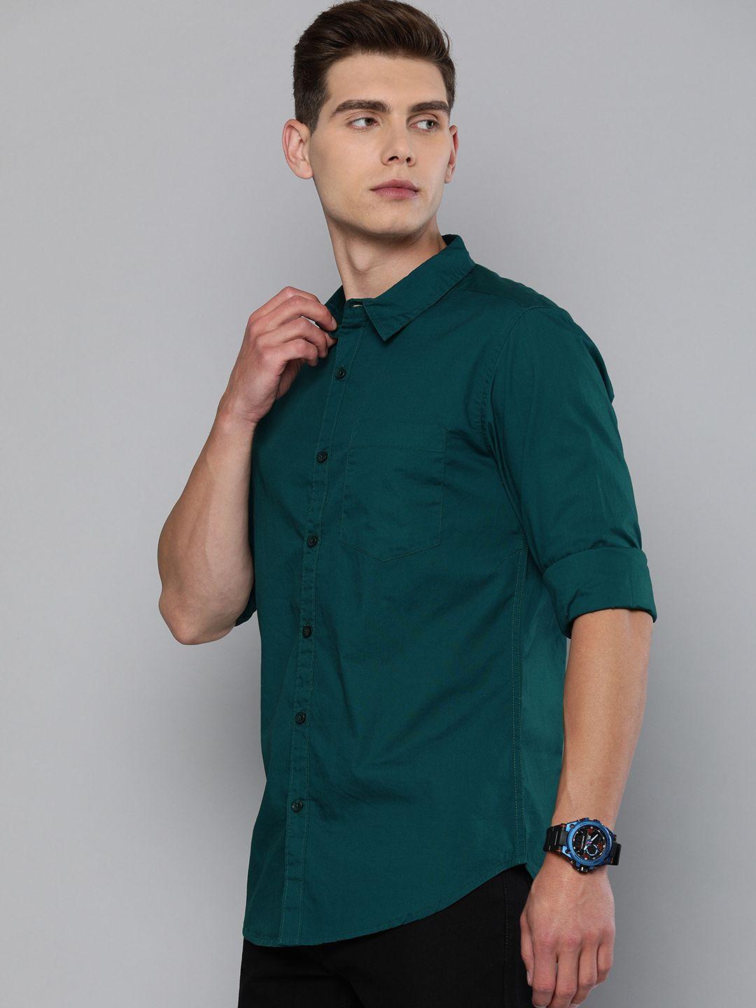 harvard men green solid pure cotton casual shirt
