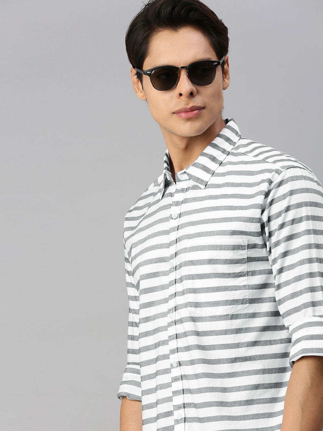 harvard men grey & white horizontal striped casual shirt