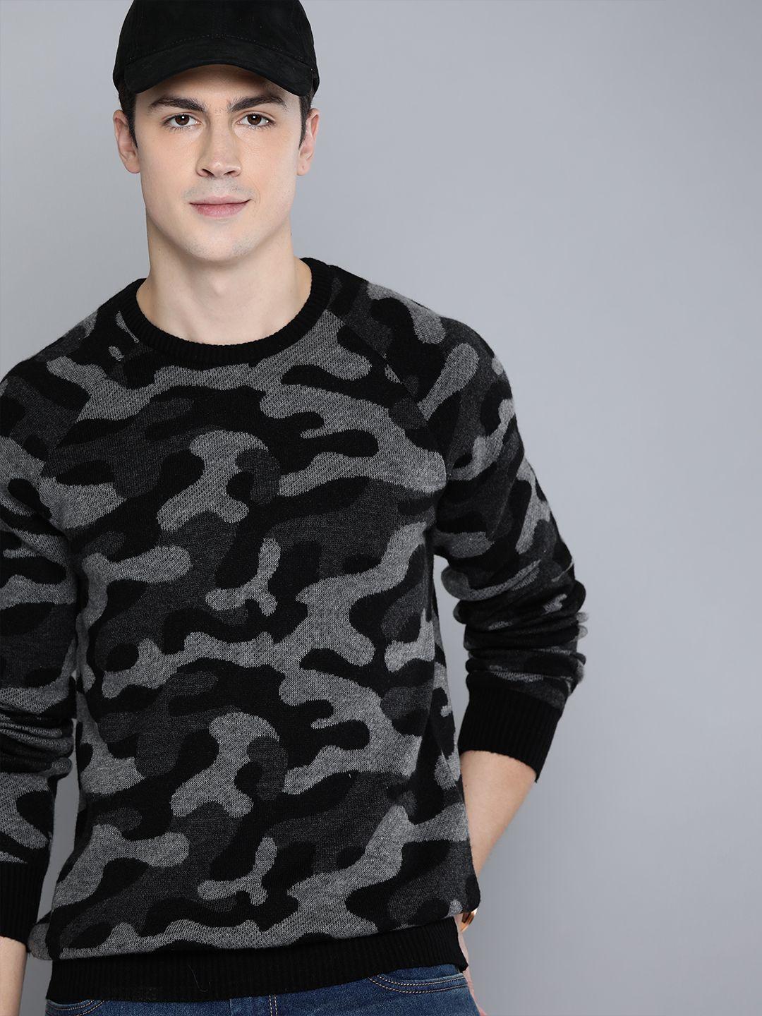 harvard men grey melange & black camouflage printed pullover sweater