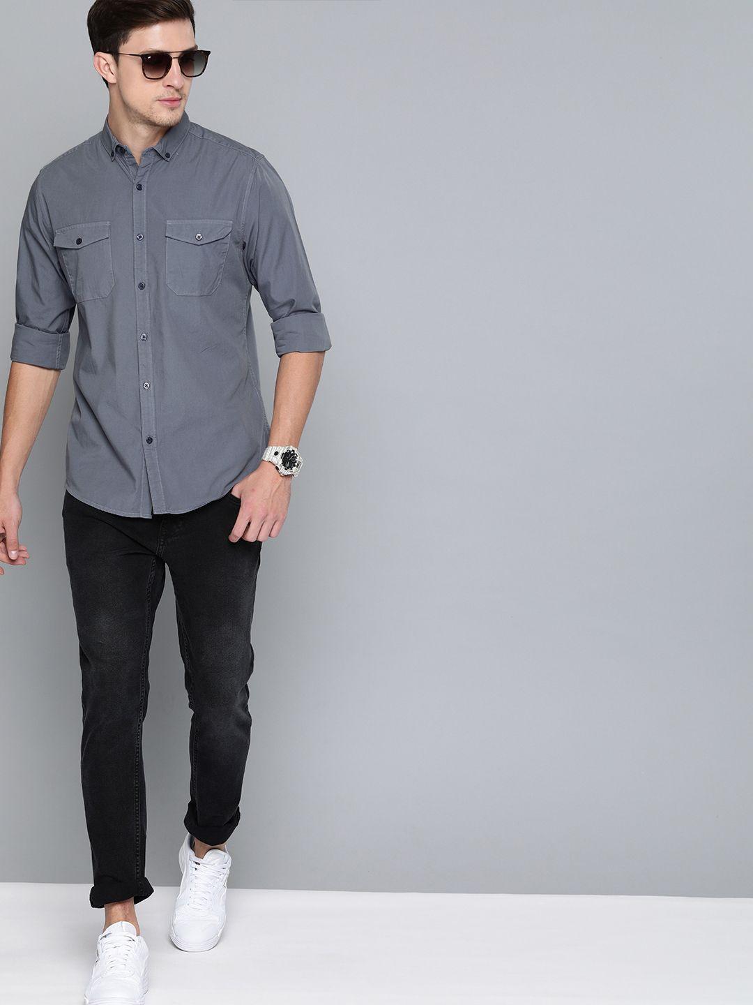 harvard men grey regular fit solid sustainable casual shirt